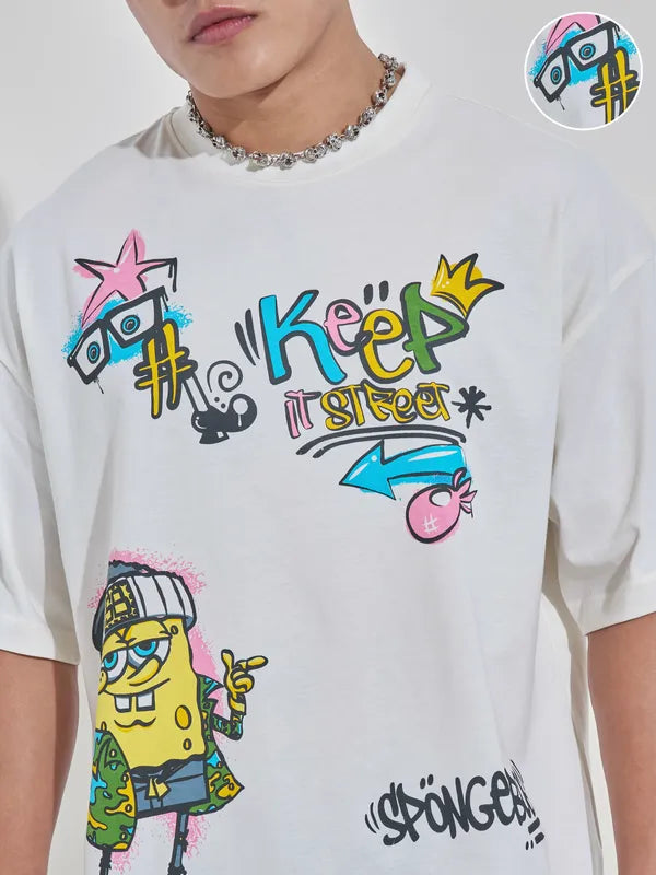 Off White Spongebob Squarepants Graphic Print Round Neck Oversized T Shirt for Men