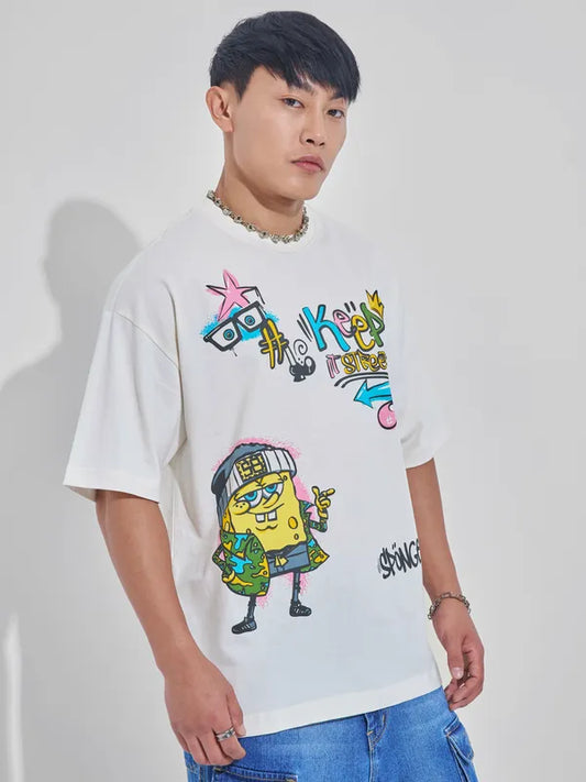Off White Spongebob Squarepants Graphic Print Round Neck Oversized T Shirt for Men