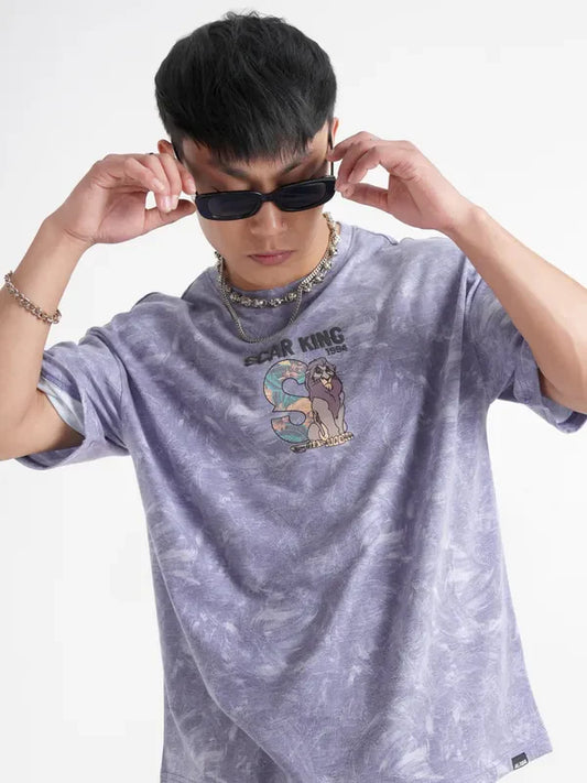Men’s Purple Lion King Printed Oversized Round Neck Graphic T-Shirt