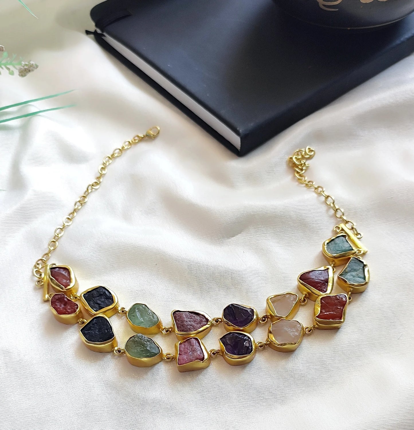 Modern Stone Symphony Necklace with Double Layered Detailing