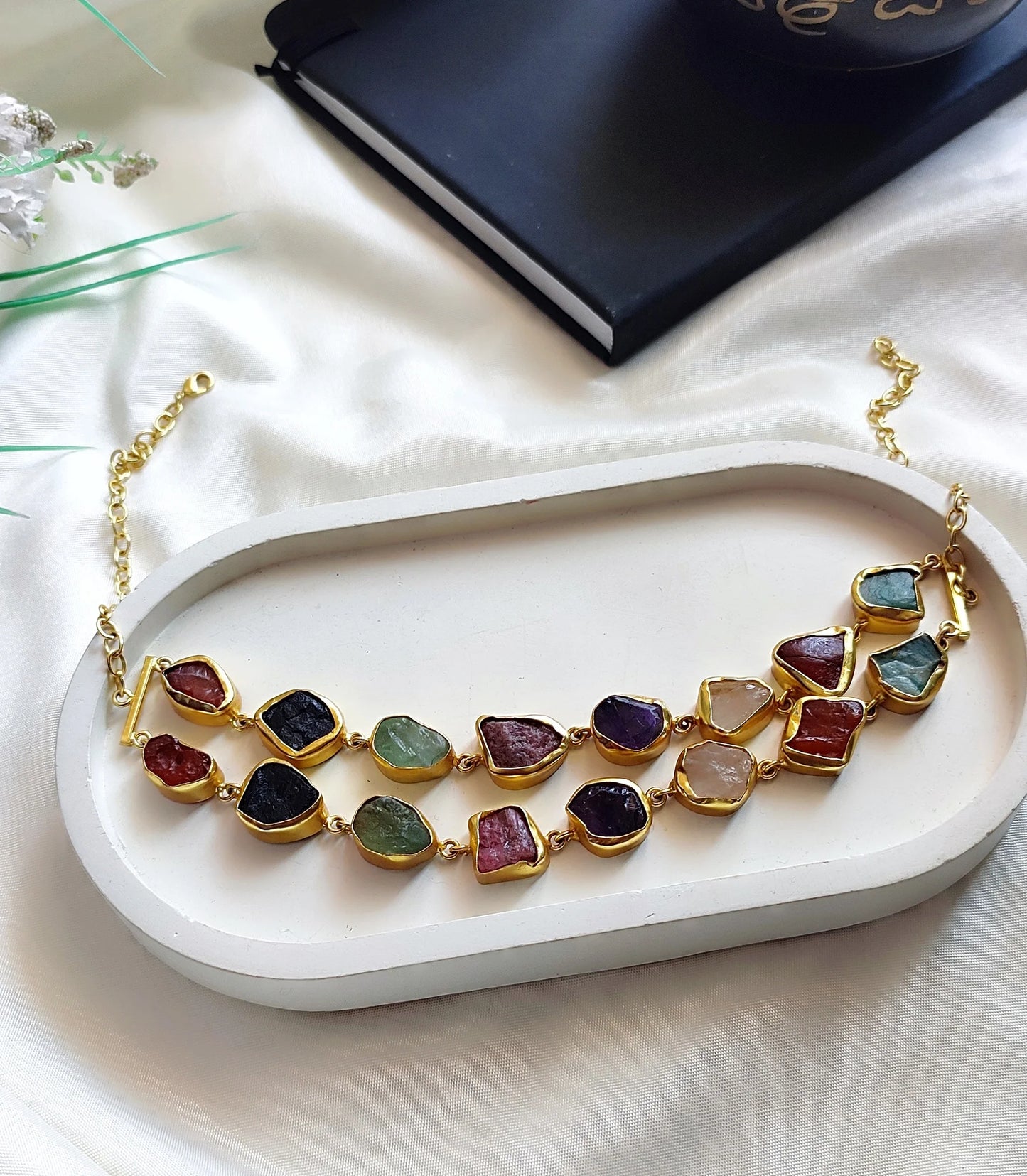 Modern Stone Symphony Necklace with Double Layered Detailing