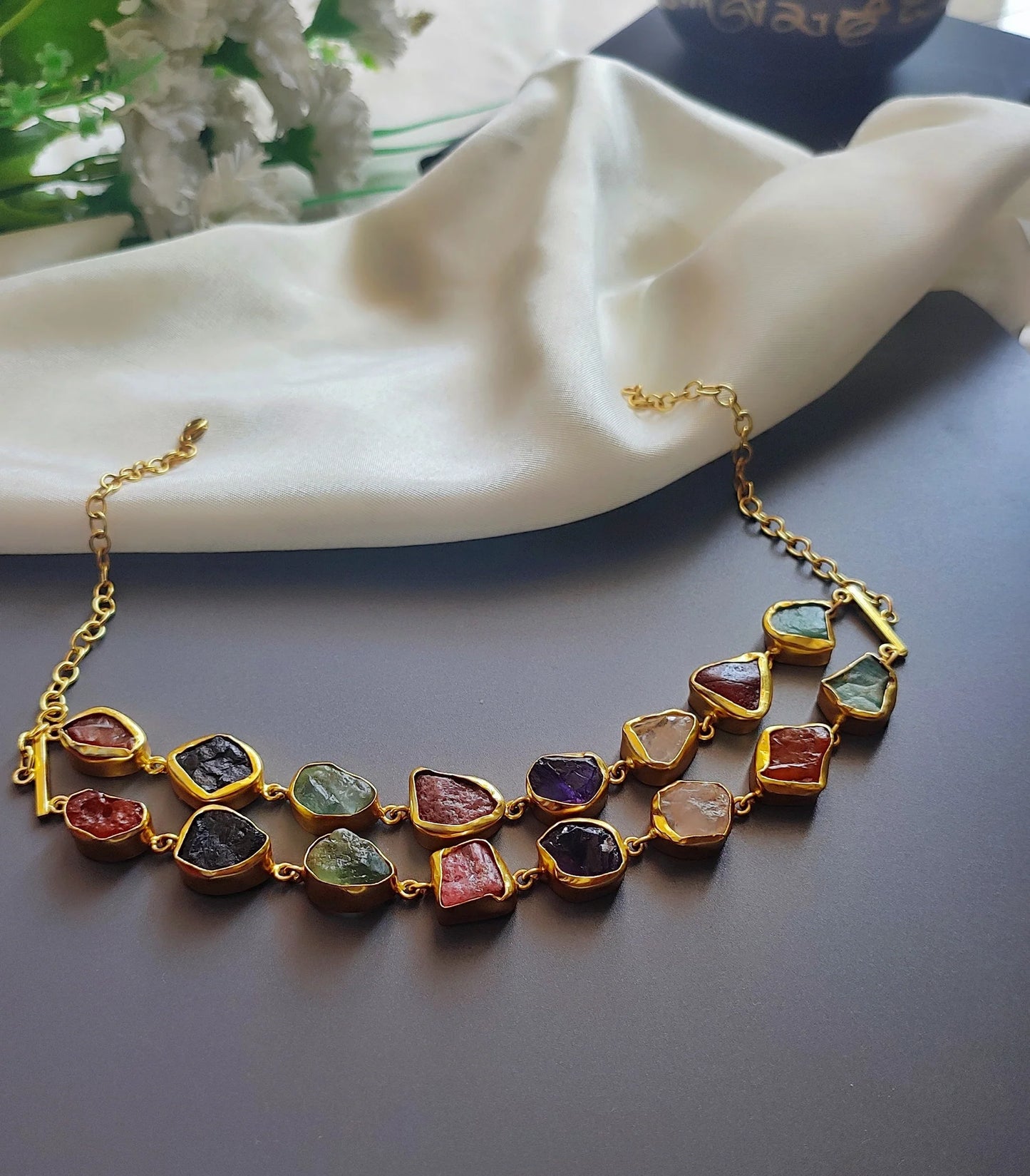 Modern Stone Symphony Necklace with Double Layered Detailing