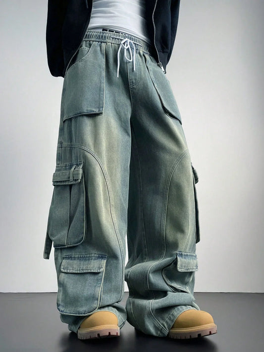 Comfortable Flex Fit Wide Leg Cargo Jogger Jeans for Men with Relaxed Baggy Design