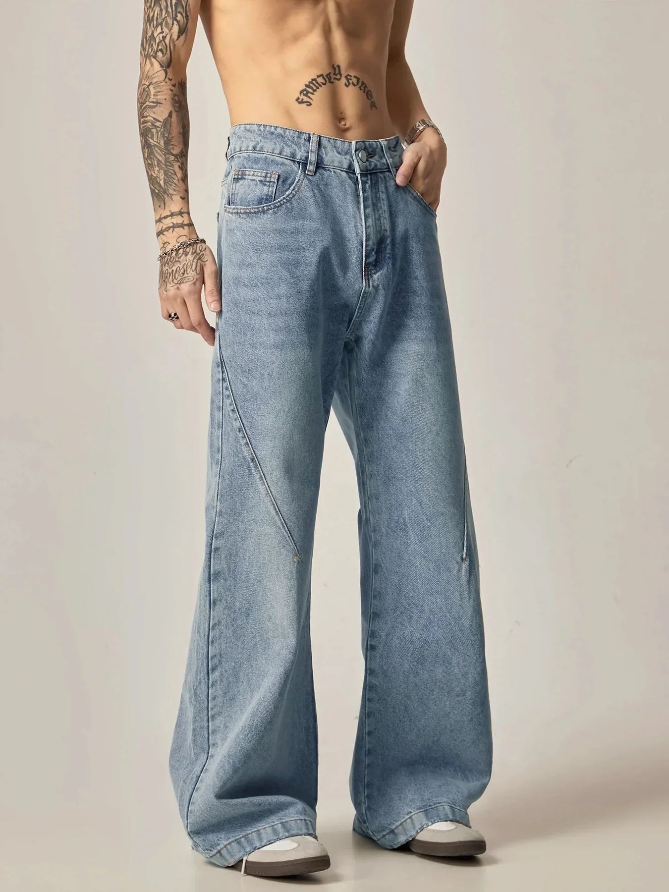 Mens Flare Fit Blue Wash Jeans with Smooth Clean Design for Everyday Wear