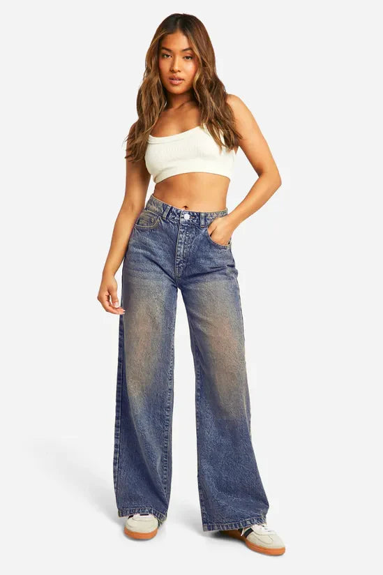 Women’s Casual Desert Blue Dust Wide Leg Jeans Trendy Loose Fit