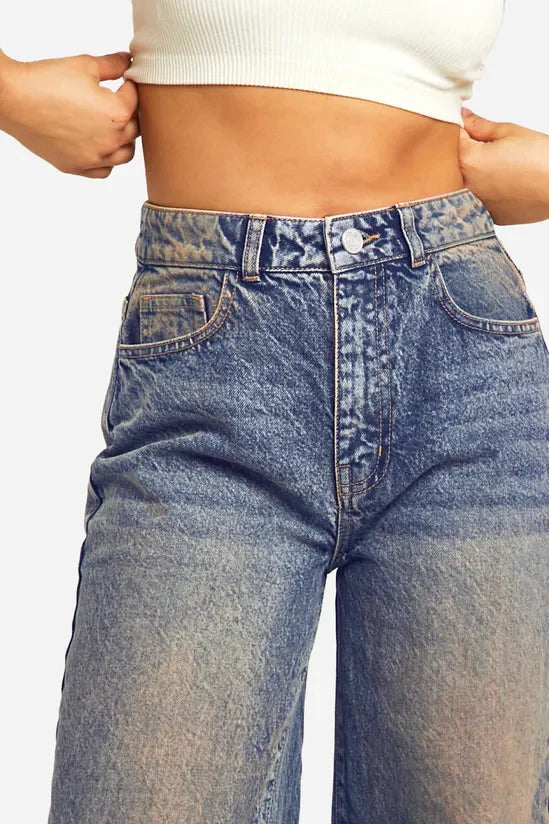 Women’s Casual Desert Blue Dust Wide Leg Jeans Trendy Loose Fit