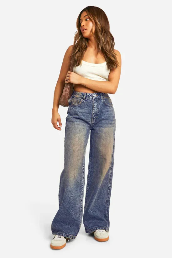 Women’s Casual Desert Blue Dust Wide Leg Jeans Trendy Loose Fit
