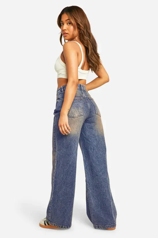 Women’s Casual Desert Blue Dust Wide Leg Jeans Trendy Loose Fit