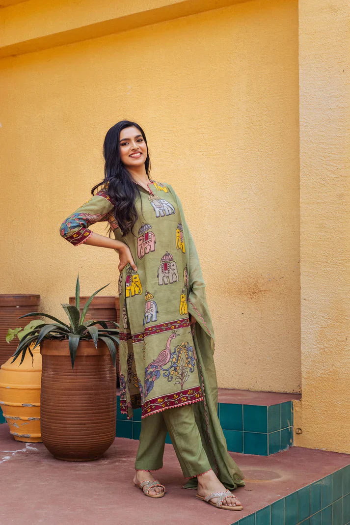 Stylish Olive Green Printed Kurta Set with Elephant and Peacock Designs