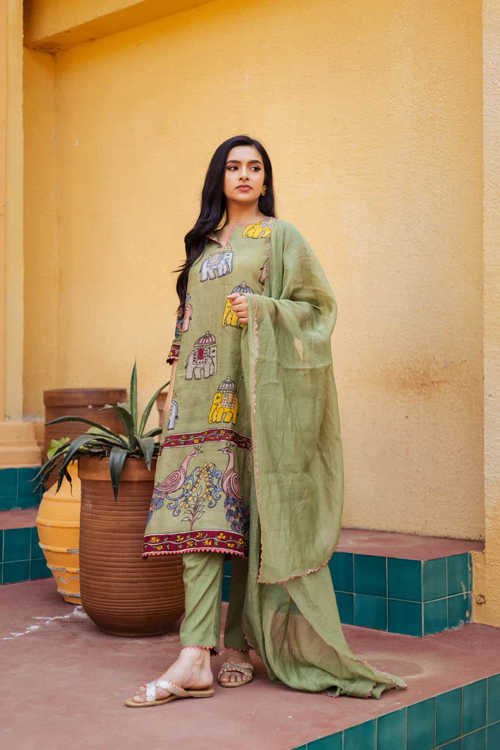 Stylish Olive Green Printed Kurta Set with Elephant and Peacock Designs