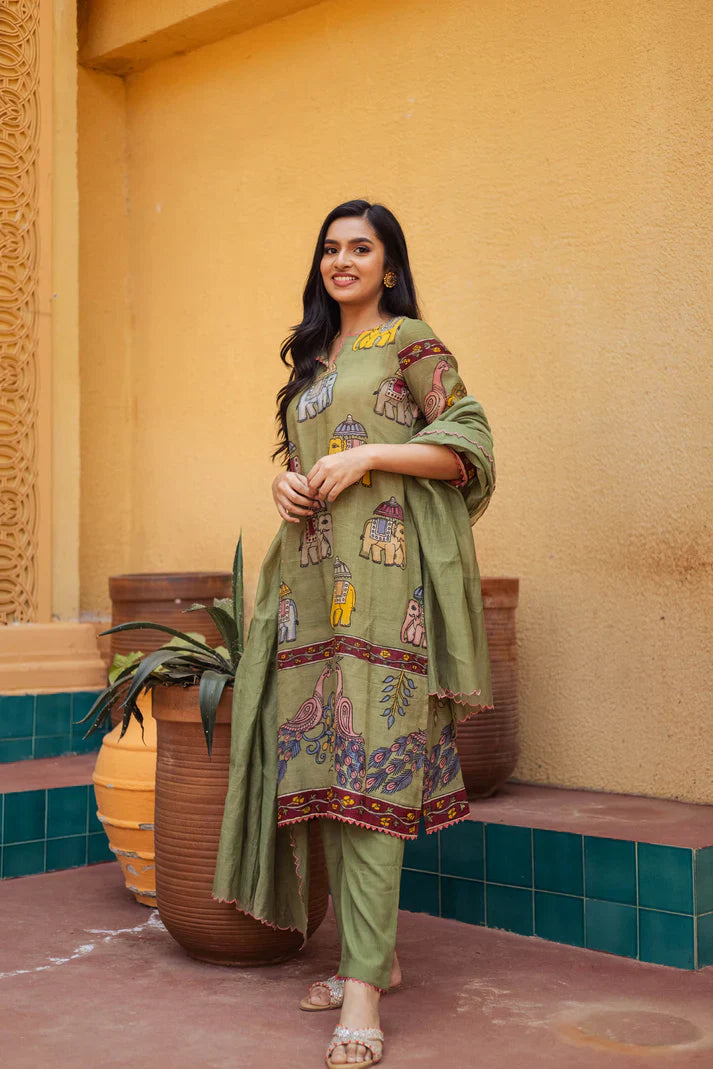 Stylish Olive Green Printed Kurta Set with Elephant and Peacock Designs