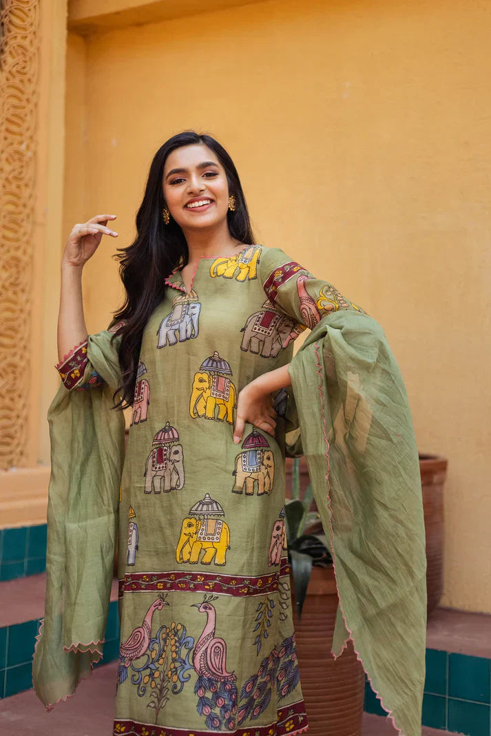 Stylish Olive Green Printed Kurta Set with Elephant and Peacock Designs