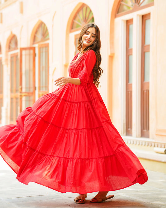 Trendy Fiery Red Solid Tiered Dress for Women Offering Comfortable Fit Modern Design and Classy Look