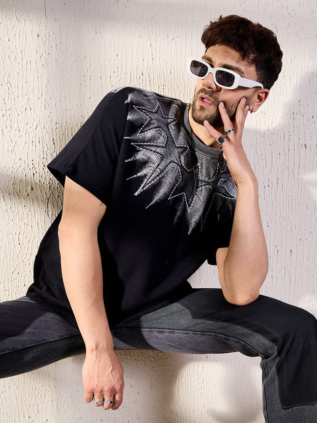 Exclusive Black Ombre Oversized T-shirt for Men with Detailed Star Embroidery and Relaxed Fit
