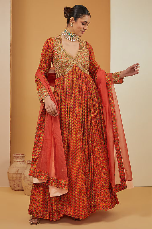 Elegant Orange Printed Anarkali Set in Viscose Chinon and Crepe Fabric