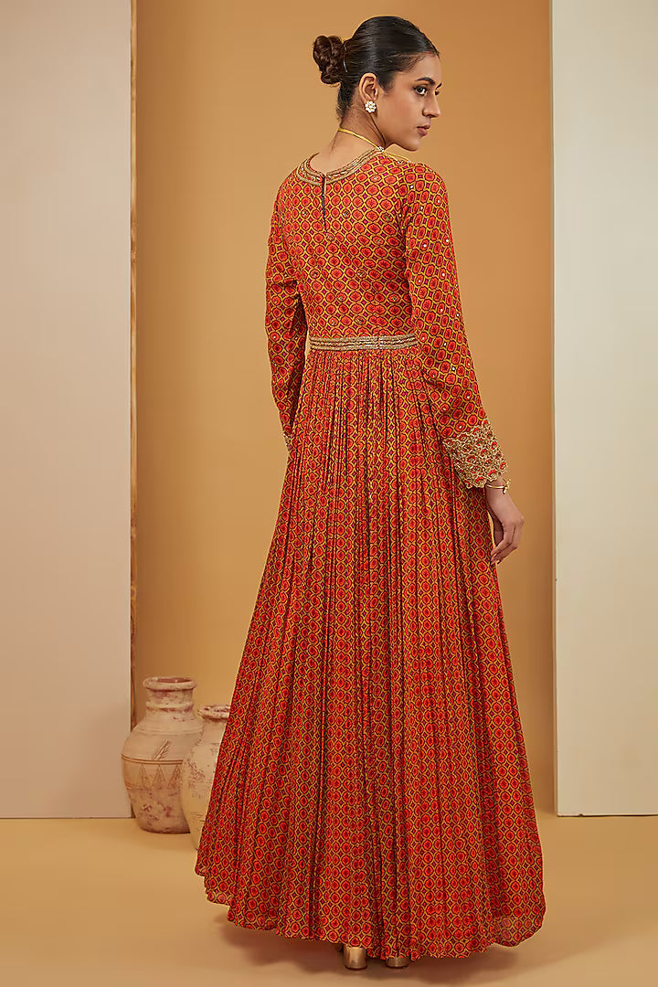 Elegant Orange Printed Anarkali Set in Viscose Chinon and Crepe Fabric
