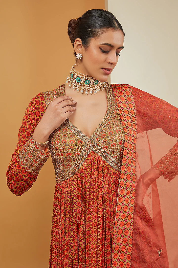 Elegant Orange Printed Anarkali Set in Viscose Chinon and Crepe Fabric