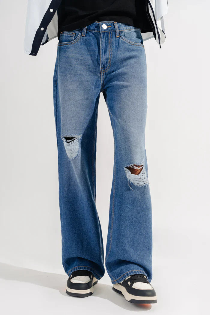 Mens Wide Leg Distressed Denim Jeans for Casual and Streetwear Style
