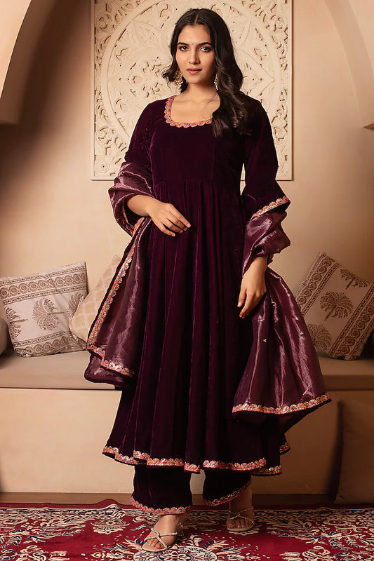 Comfortable Women’s Velvet Anarkali Dress in Burgundy with Gota Patti