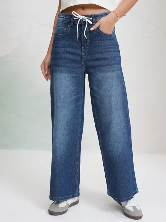 Women Blue Stretchable Denim Wide Leg Jeans with Relaxed and Trendy Look