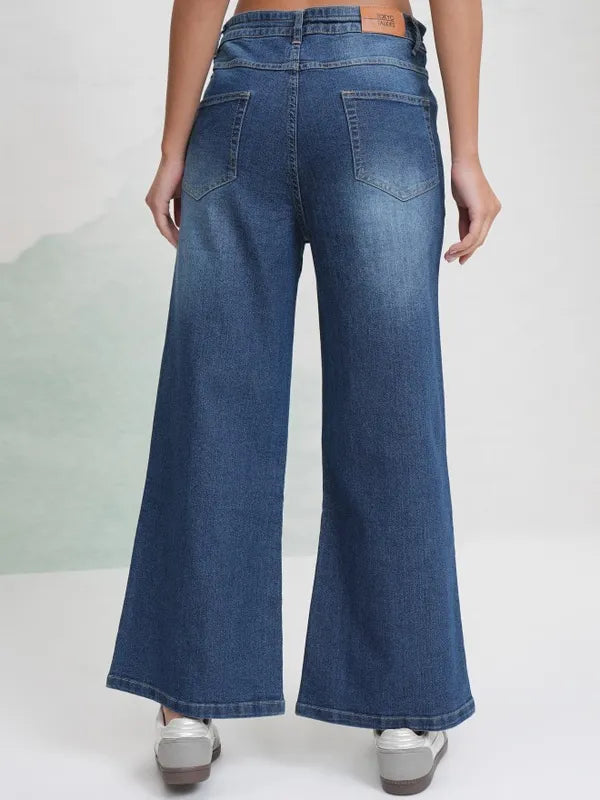 Women Blue Stretchable Denim Wide Leg Jeans with Relaxed and Trendy Look