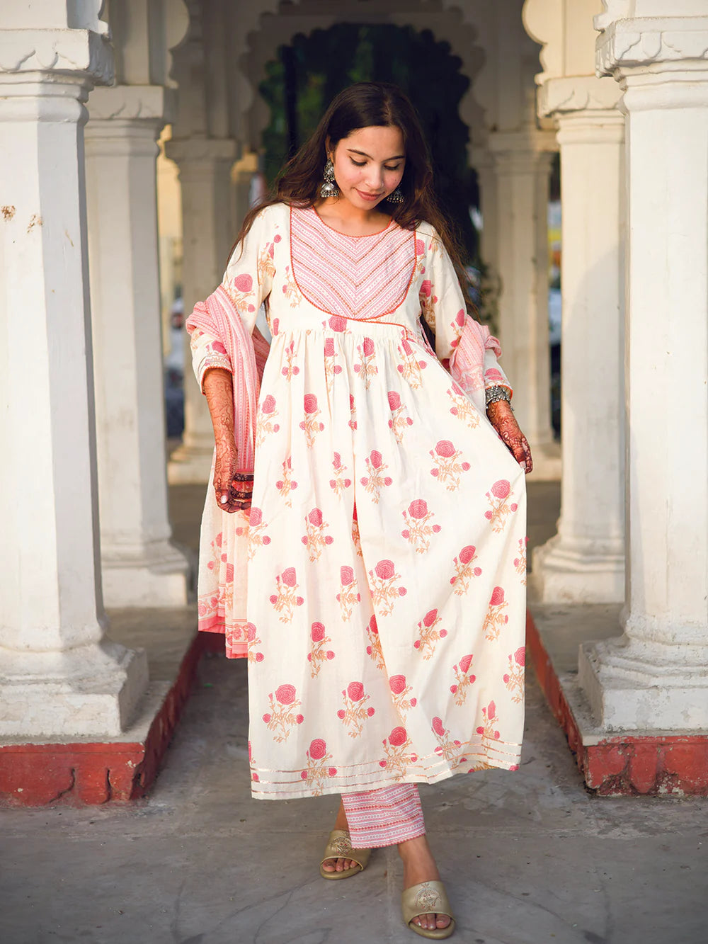 Soft Fabric White and Pink Floral Anarkali Kurta with Matching Pants and Dupatta