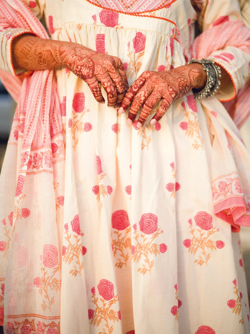 Soft Fabric White and Pink Floral Anarkali Kurta with Matching Pants and Dupatta