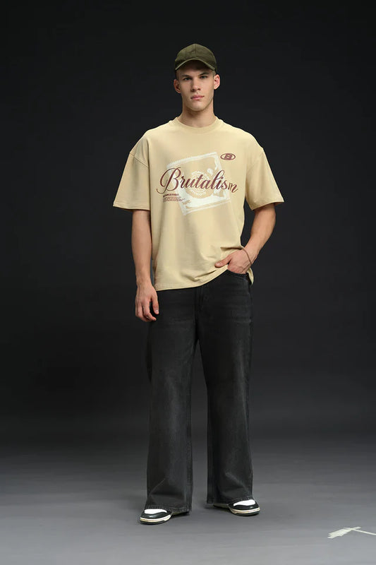 Oversized Raw Brutalism Print Casual Cotton T-Shirt for Men