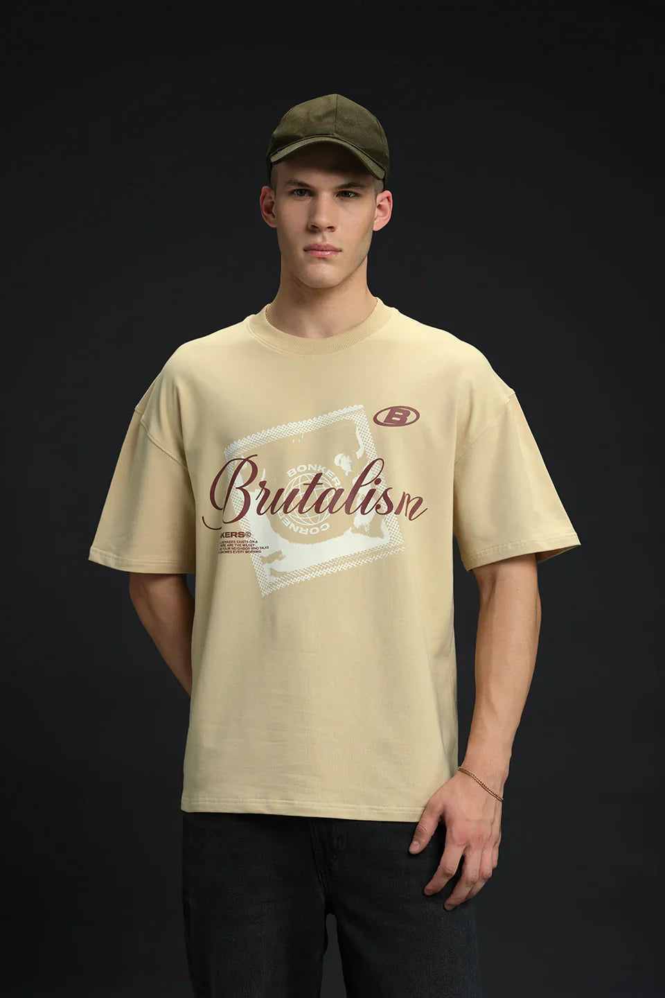 Oversized Raw Brutalism Print Casual Cotton T-Shirt for Men