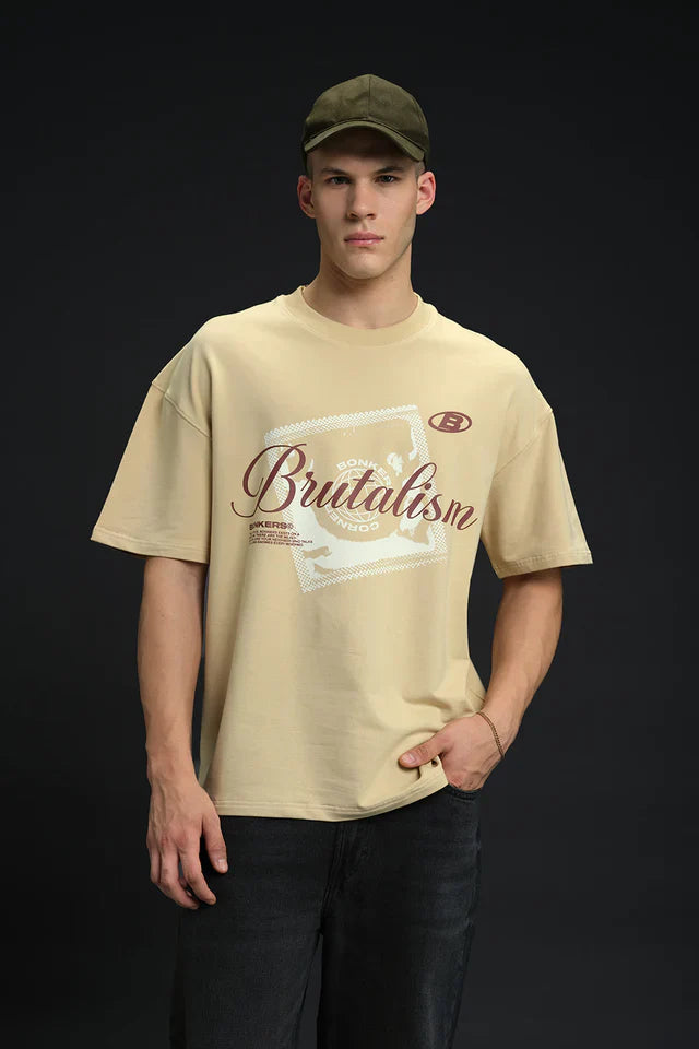 Oversized Raw Brutalism Print Casual Cotton T-Shirt for Men