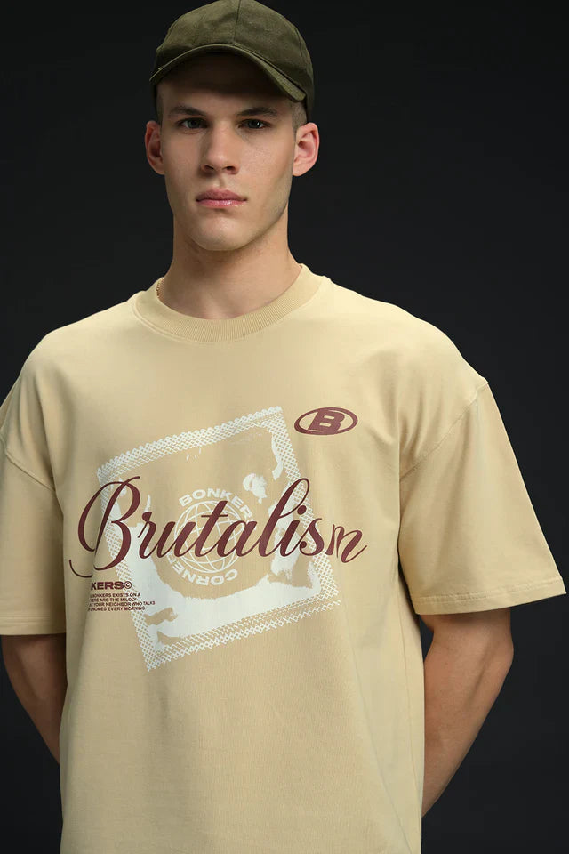 Oversized Raw Brutalism Print Casual Cotton T-Shirt for Men