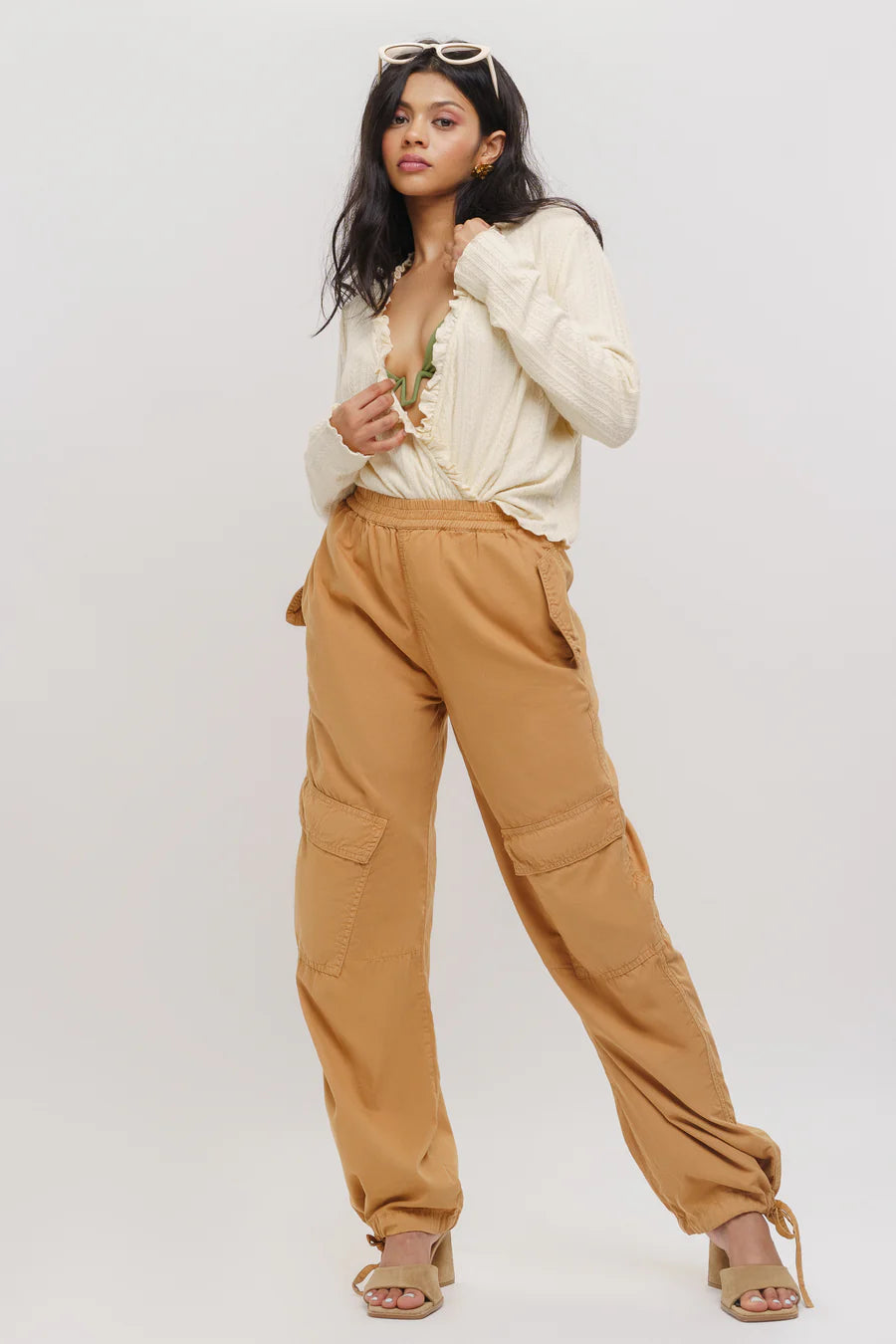 Chic Women’s Sand High Waist Tapered Cargo Pants for Casual and Trendy Look