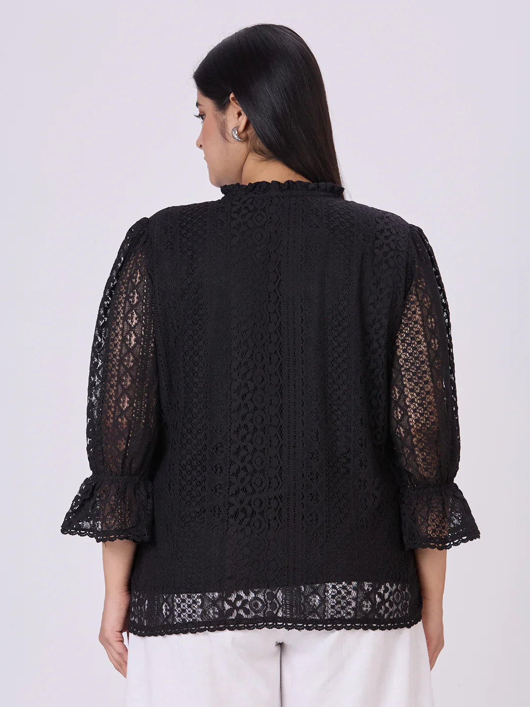 Women’s Elegant Black Lace Top with Round Neck Design