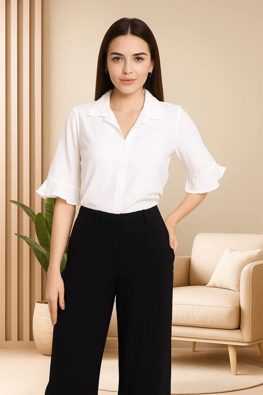 Ladies’ Solid White Shirt Style Top for Smart Casual Look