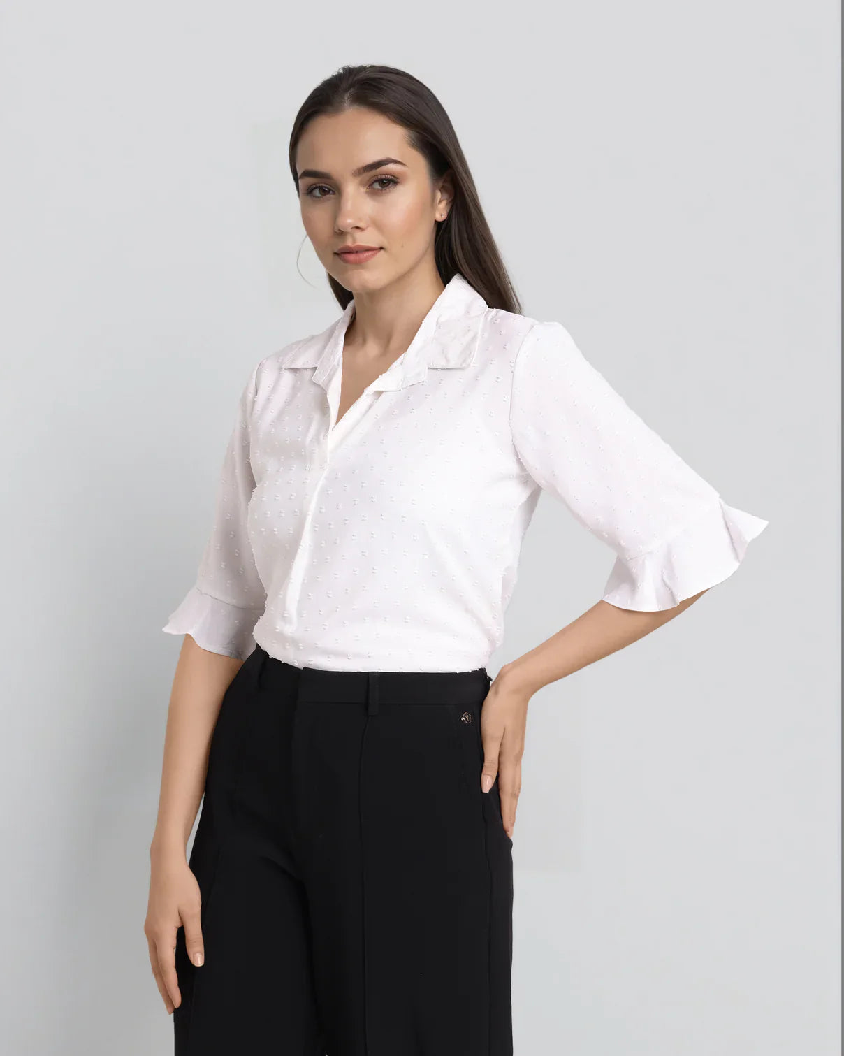 Ladies’ Solid White Shirt Style Top for Smart Casual Look