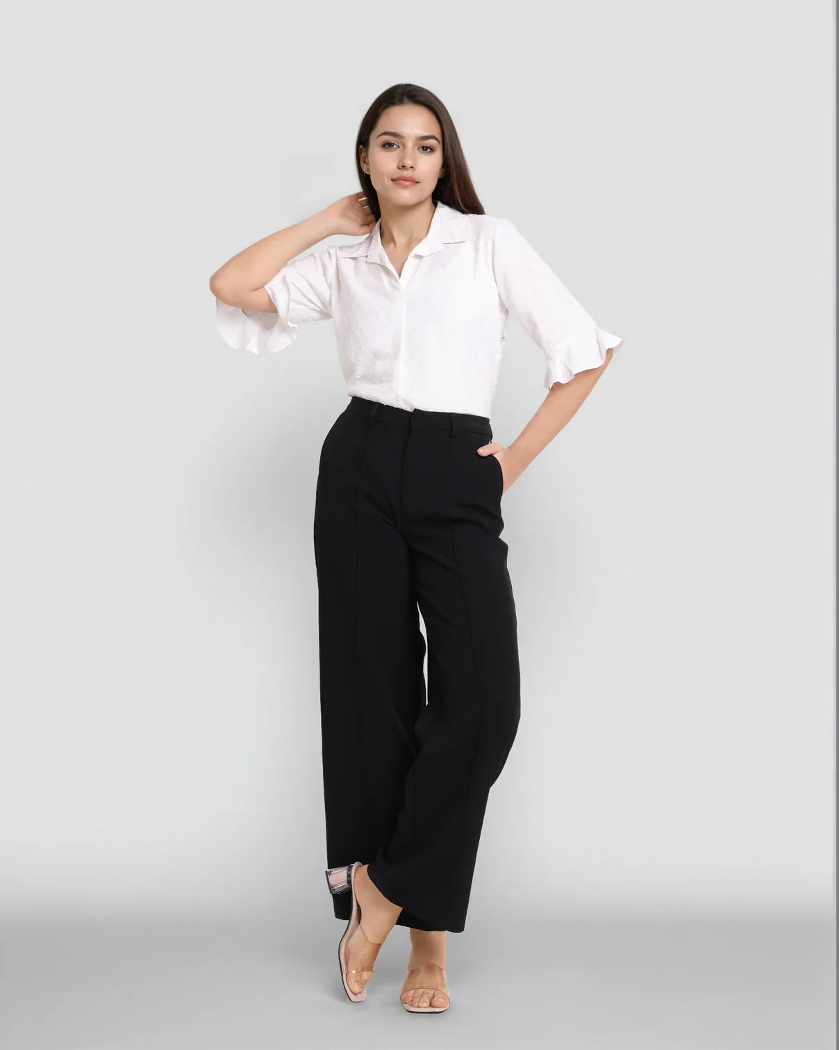Ladies’ Solid White Shirt Style Top for Smart Casual Look