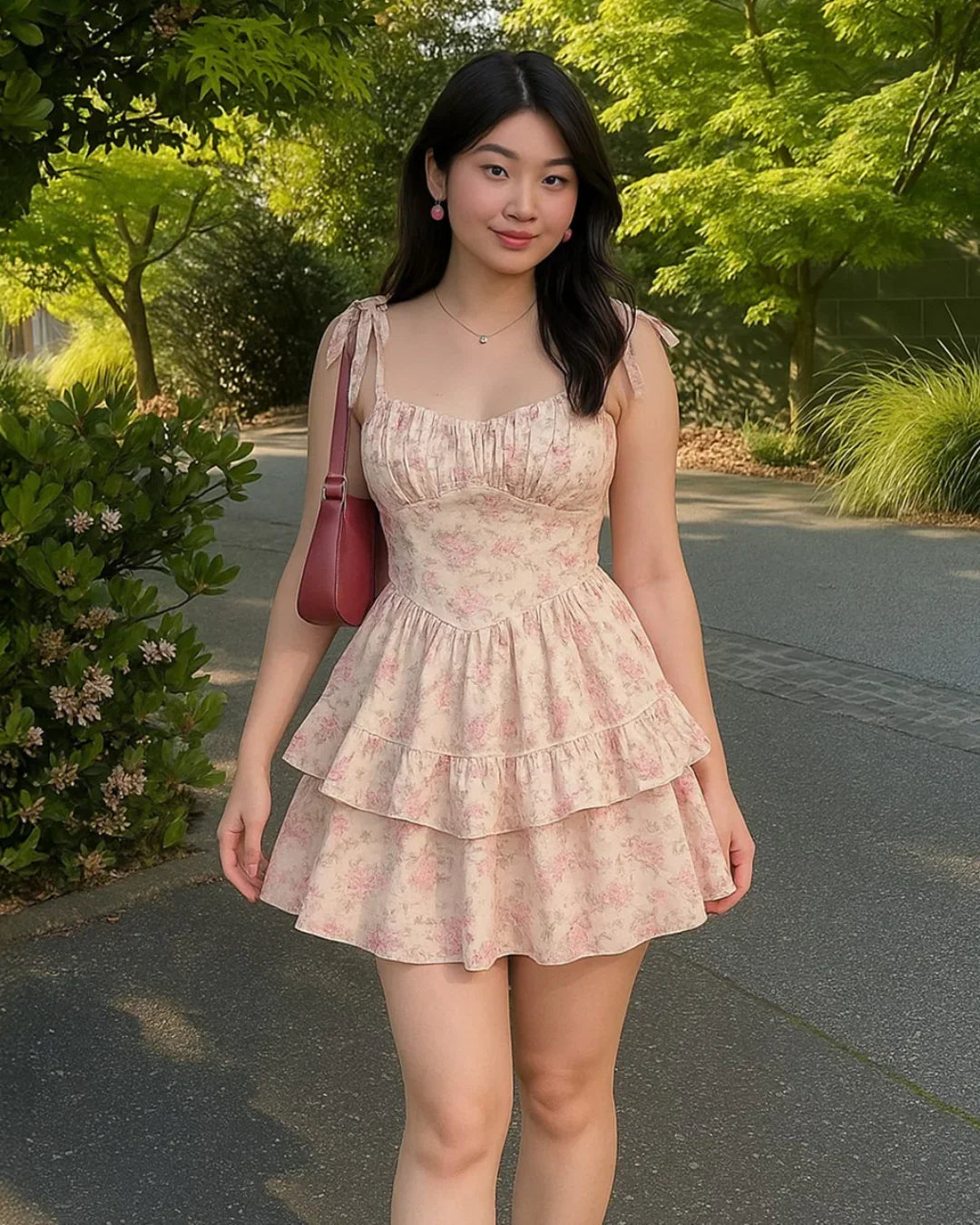 Sweetheart Neckline Ruched Bust Floral Dress With Shoulder Ties