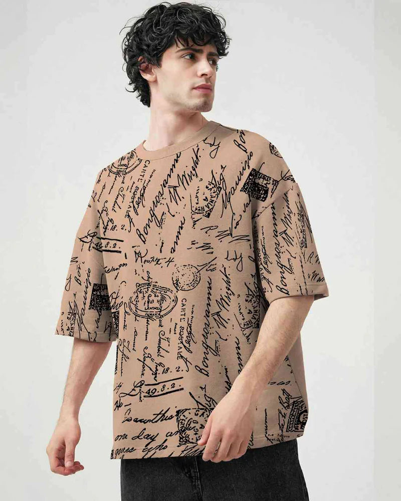 Trendy Mens Beige Oversized T shirt with Unique All Over Printed Design for Casual Wear