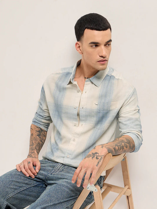 Mens Blue Casual Shirt Woven Checkered Pattern Relaxed Fit Everyday Style