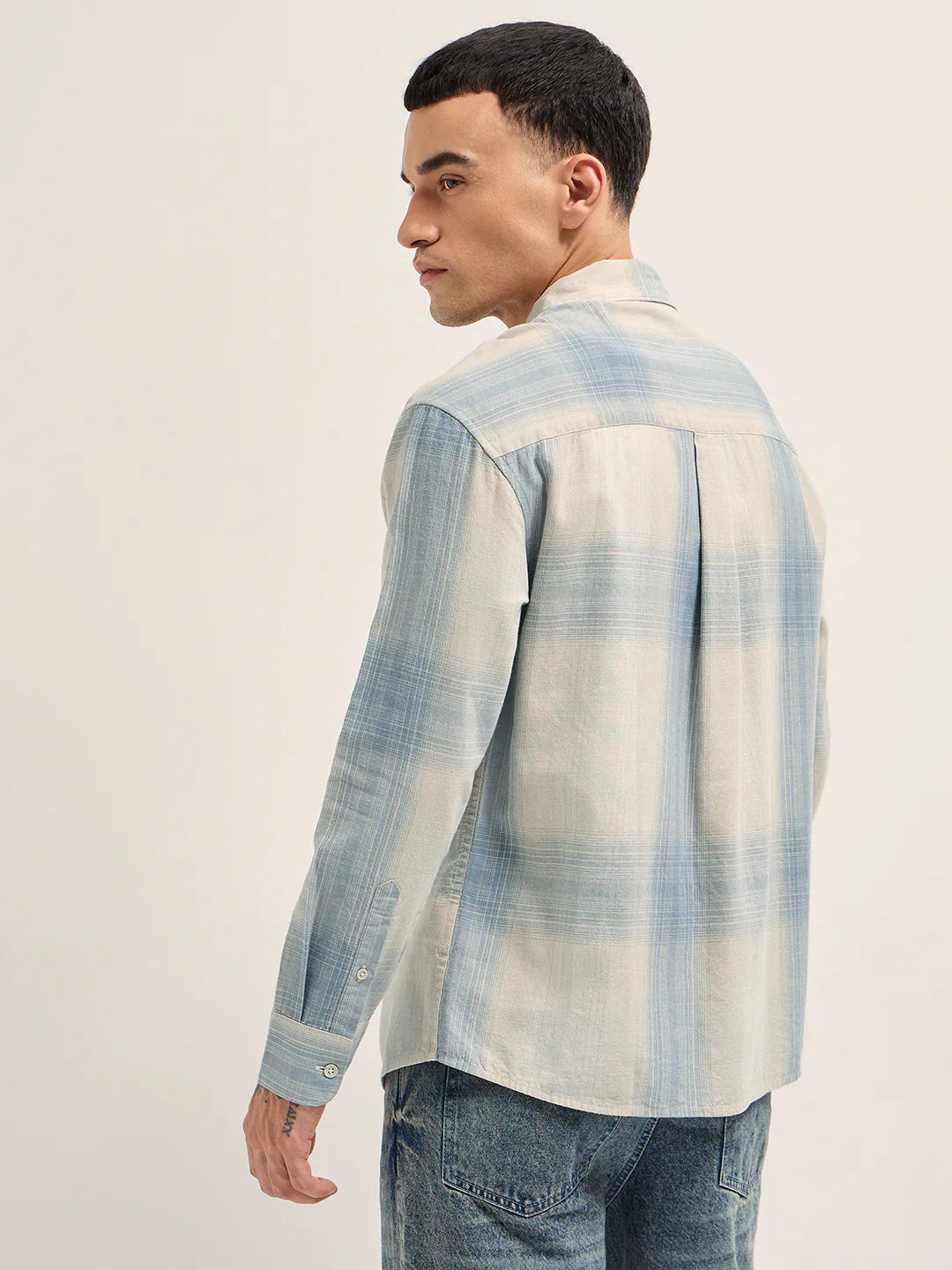 Mens Blue Casual Shirt Woven Checkered Pattern Relaxed Fit Everyday Style