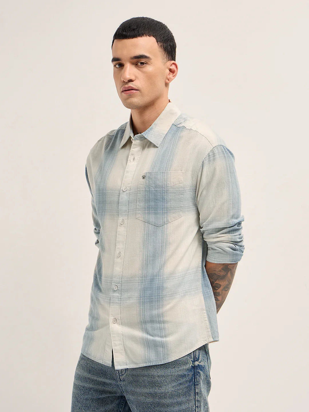 Mens Blue Casual Shirt Woven Checkered Pattern Relaxed Fit Everyday Style