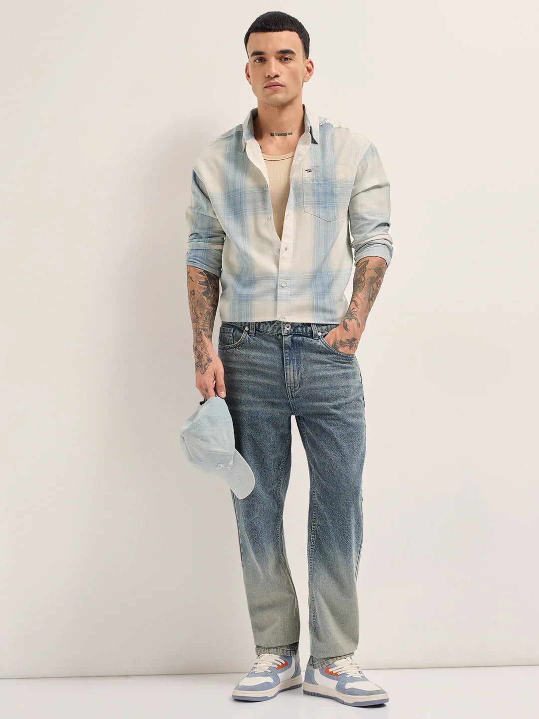 Mens Blue Casual Shirt Woven Checkered Pattern Relaxed Fit Everyday Style