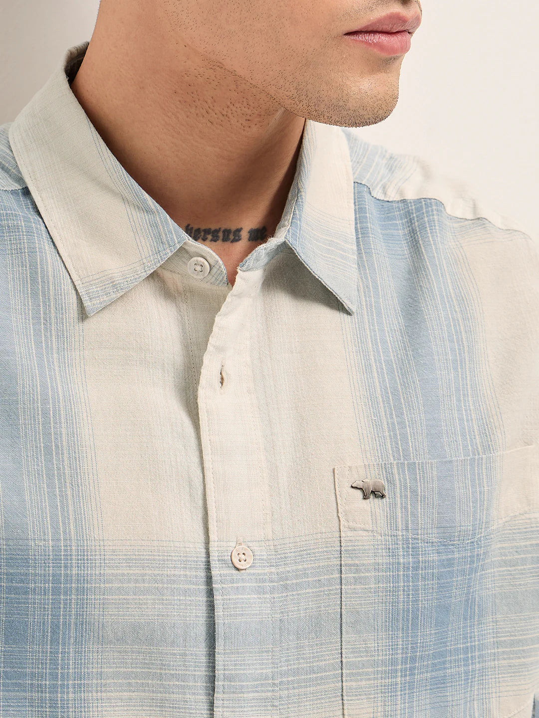 Mens Blue Casual Shirt Woven Checkered Pattern Relaxed Fit Everyday Style