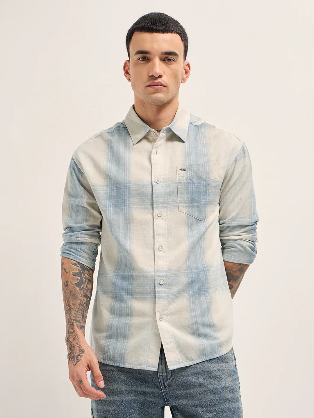 Mens Blue Casual Shirt Woven Checkered Pattern Relaxed Fit Everyday Style