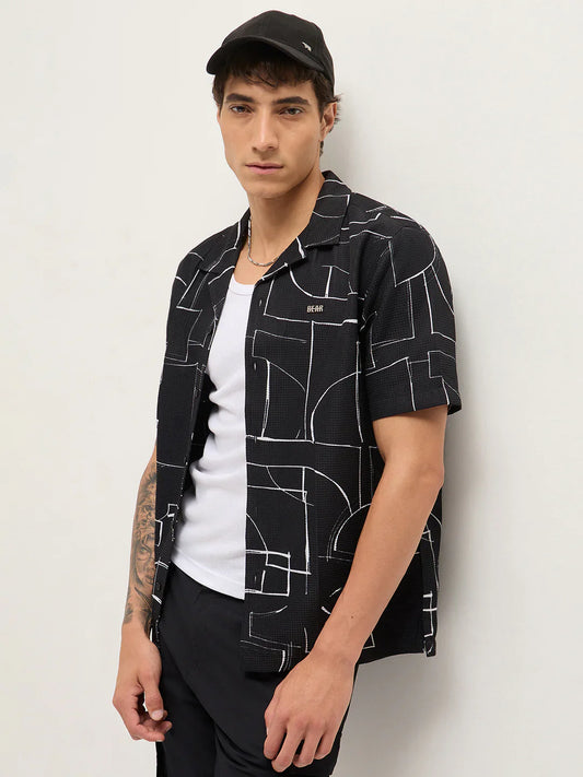 Mens Black Casual Shirt with Abstract Geometric Print Relaxed Fit Cuban Collar Design
