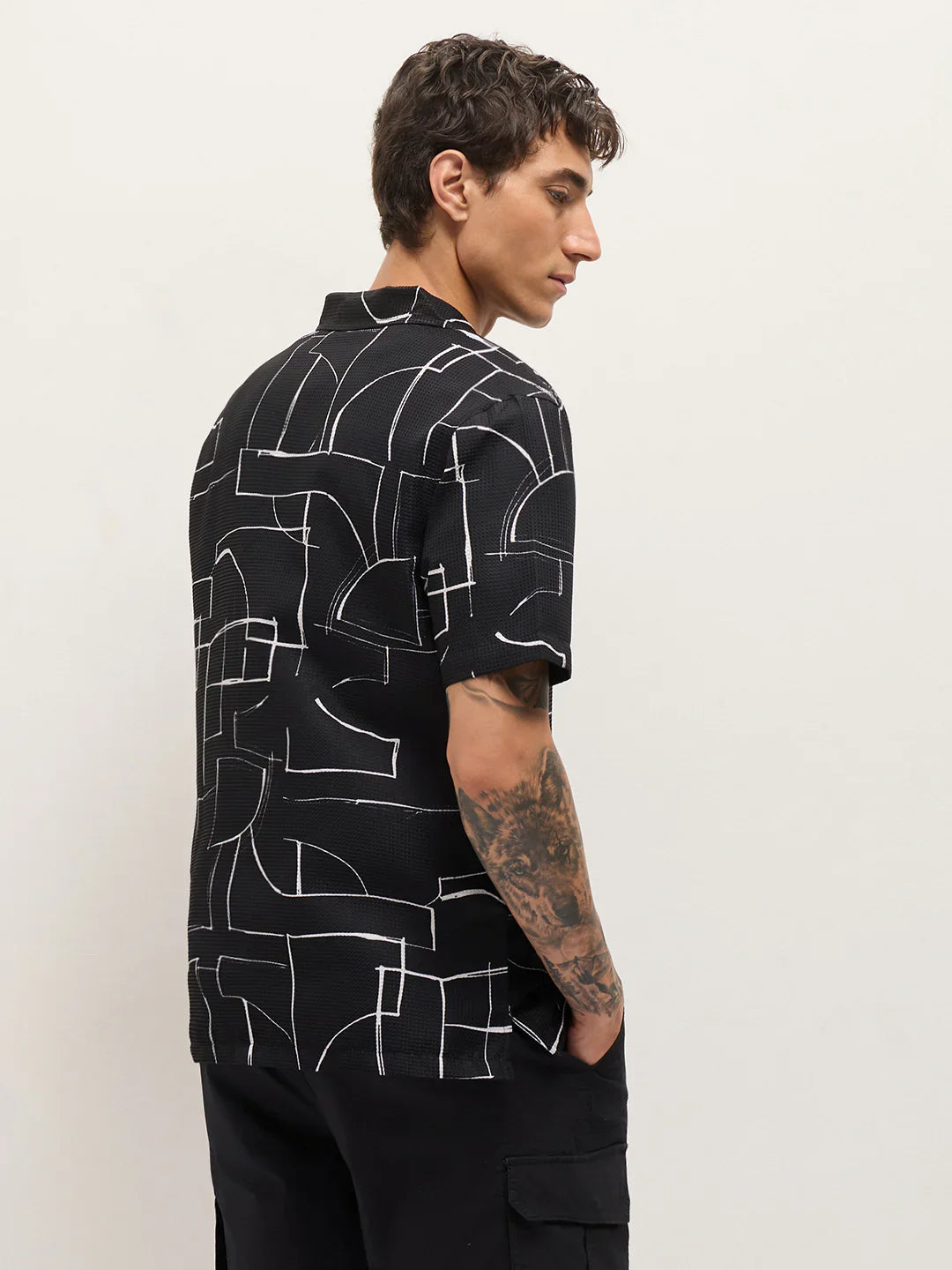 Mens Black Casual Shirt with Abstract Geometric Print Relaxed Fit Cuban Collar Design
