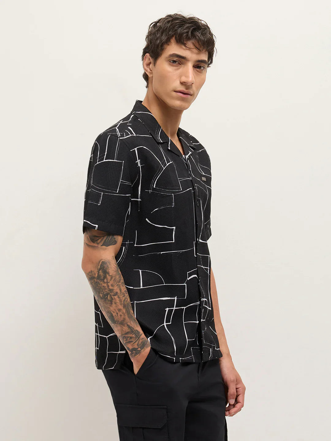 Mens Black Casual Shirt with Abstract Geometric Print Relaxed Fit Cuban Collar Design