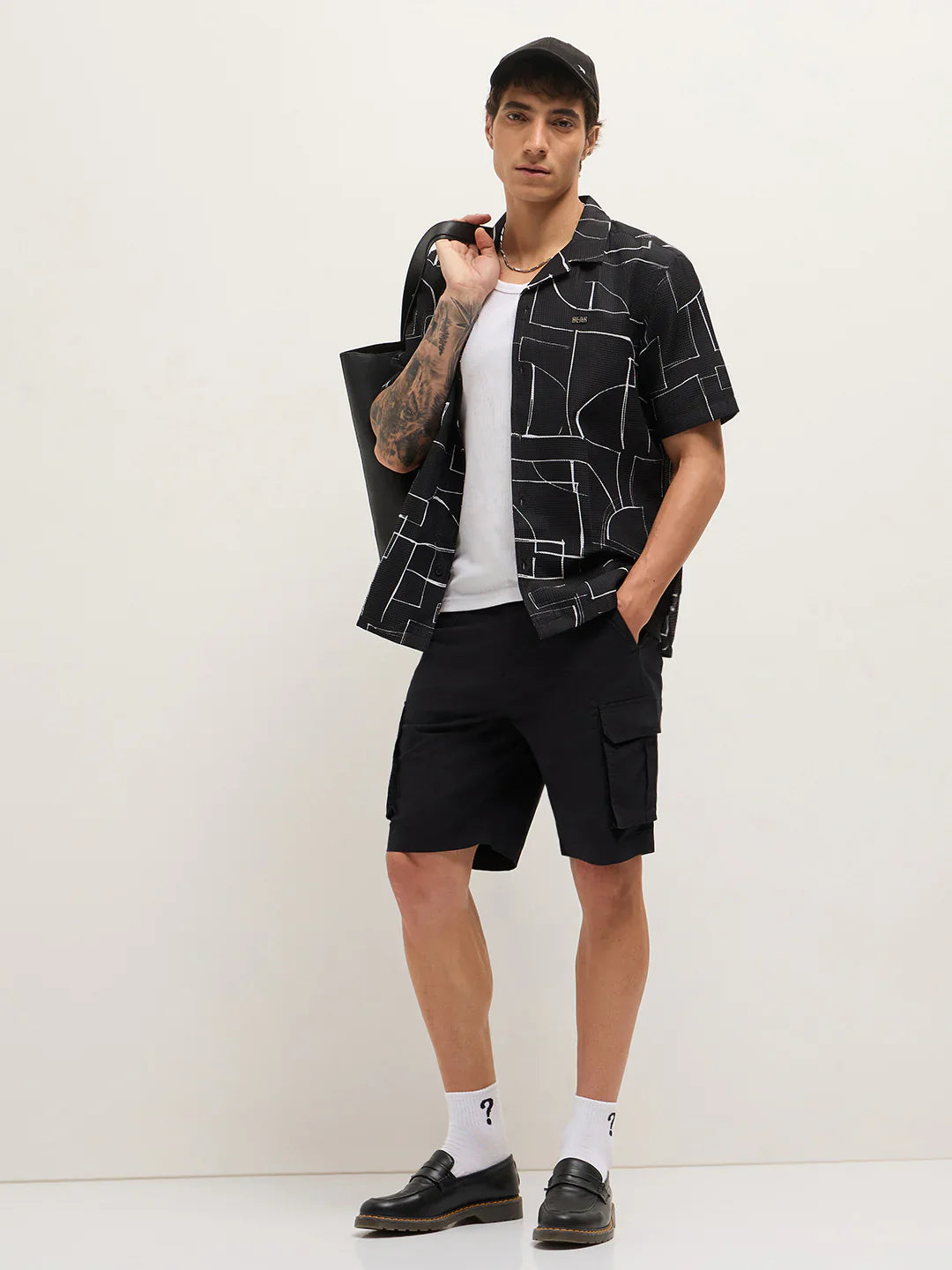 Mens Black Casual Shirt with Abstract Geometric Print Relaxed Fit Cuban Collar Design