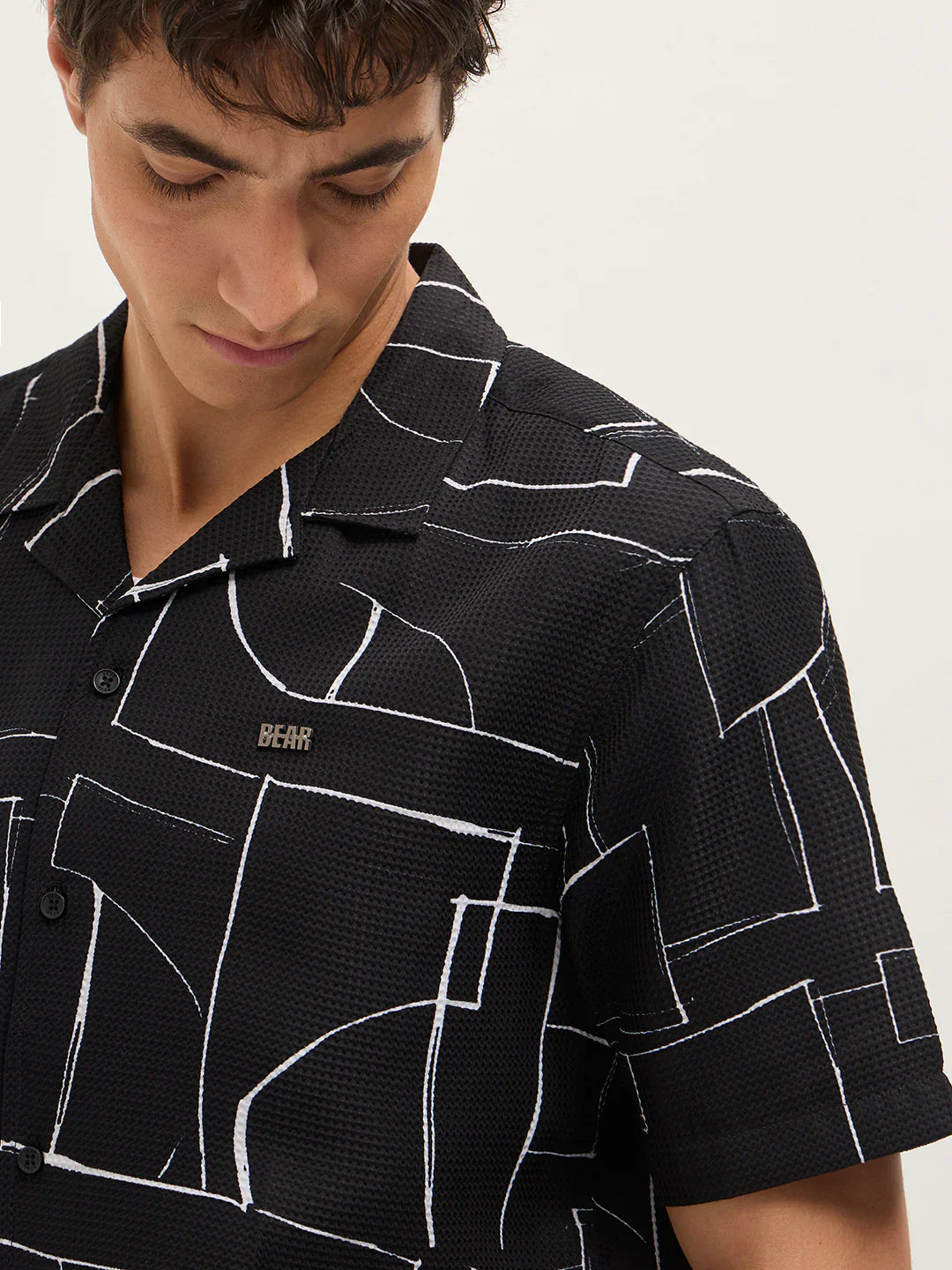 Mens Black Casual Shirt with Abstract Geometric Print Relaxed Fit Cuban Collar Design