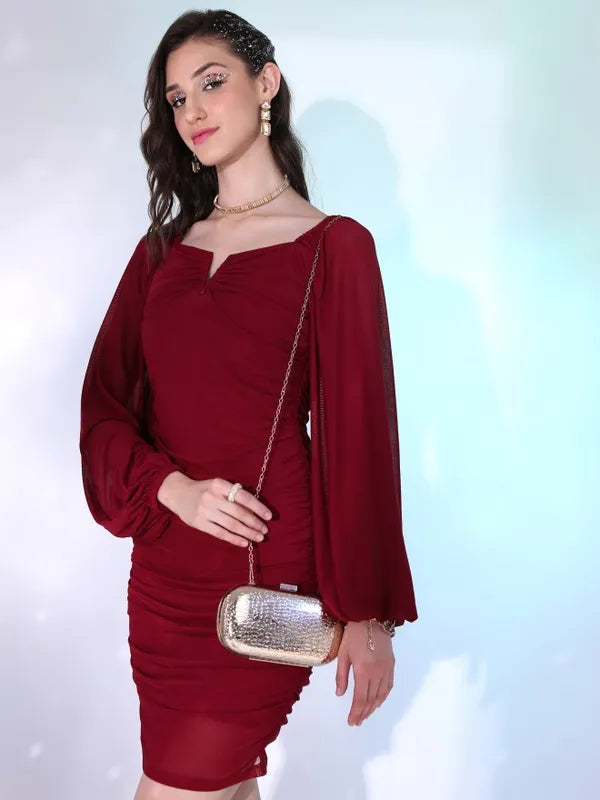 Women’s Maroon Solid Bodycon Dress Elegant Midi Dress with Figure-Hugging Silhouette